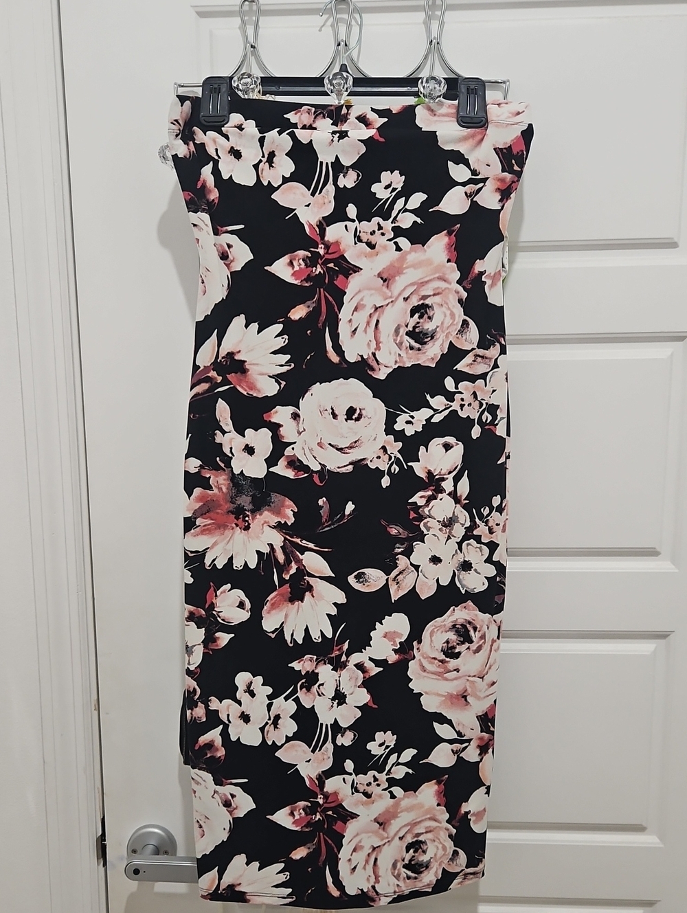 Haute Monde Strapless Floral Midi Dress in Black and Blush